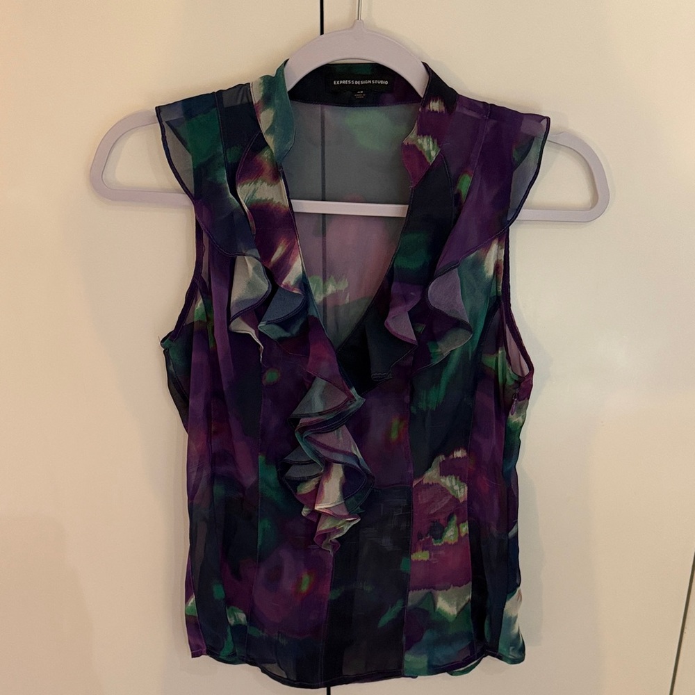 Express Vibrant Purple and Green Ruffled Blouse